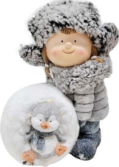 Dekorácia MagicHome Vianoce, dievča so snehovou guľou a tučniakom, LED, 19.5x28x33.5 cm - thumbnail 2
